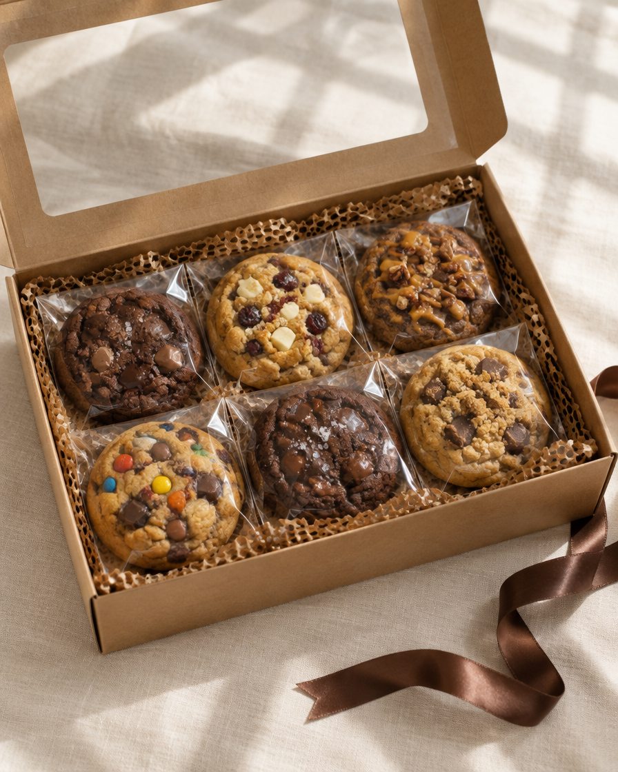 An open kraft box of individually sealed cookies nested in honeycomb paper