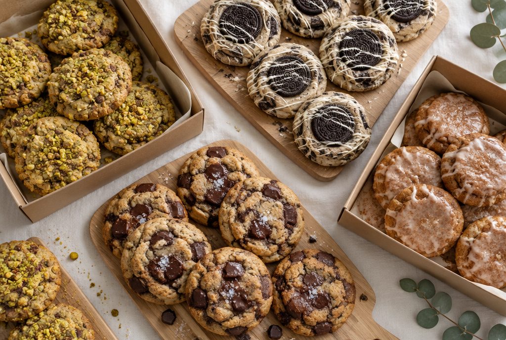 A spread of assorted loaded cookies on boards and in kraft boxes at an event table
