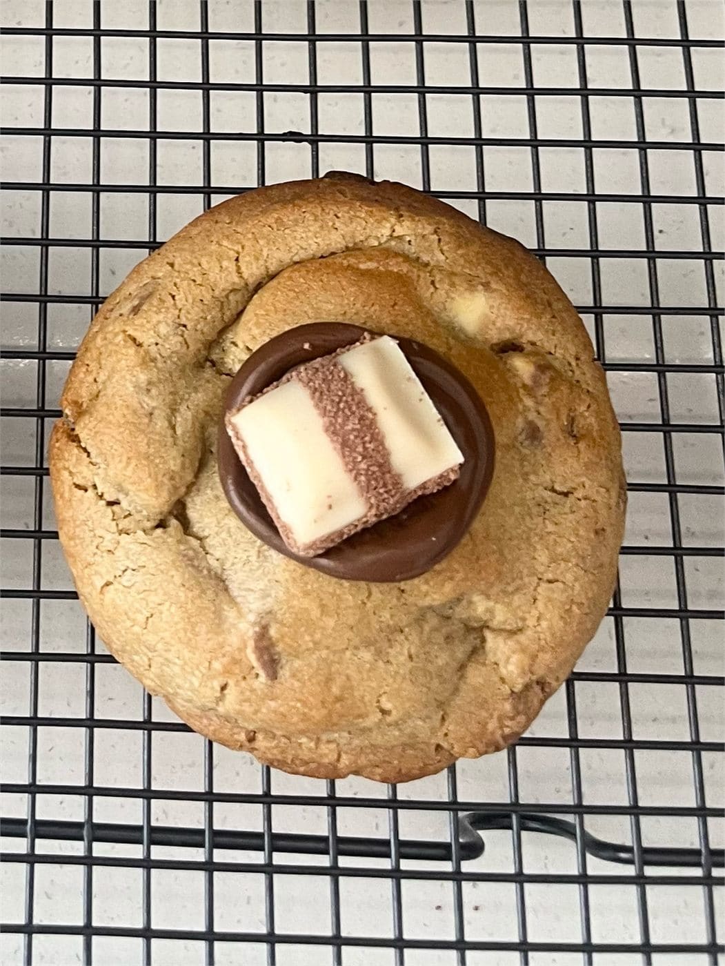 Kinder Nutella cookie on a wire rack