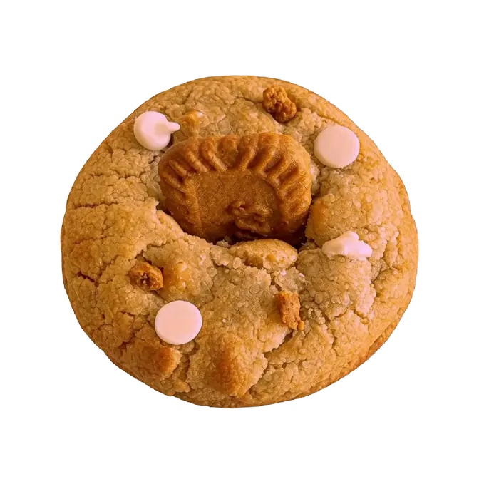 A whole thick Biscoff cookie on a dark stone bench