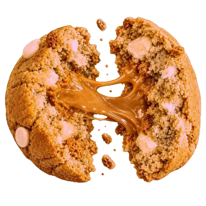 The same cookie snapped in half, molten centre stretching between the halves